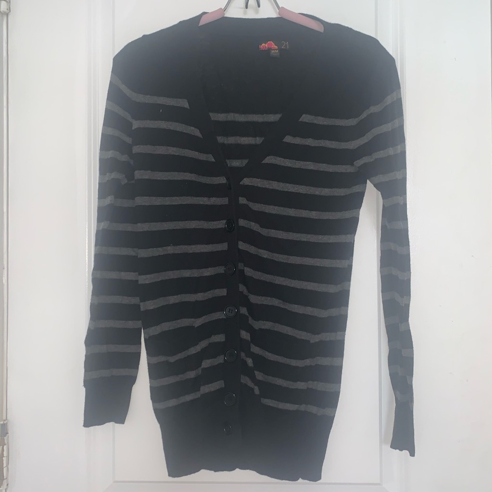 Black & Grey Striped Button Up Cardigan